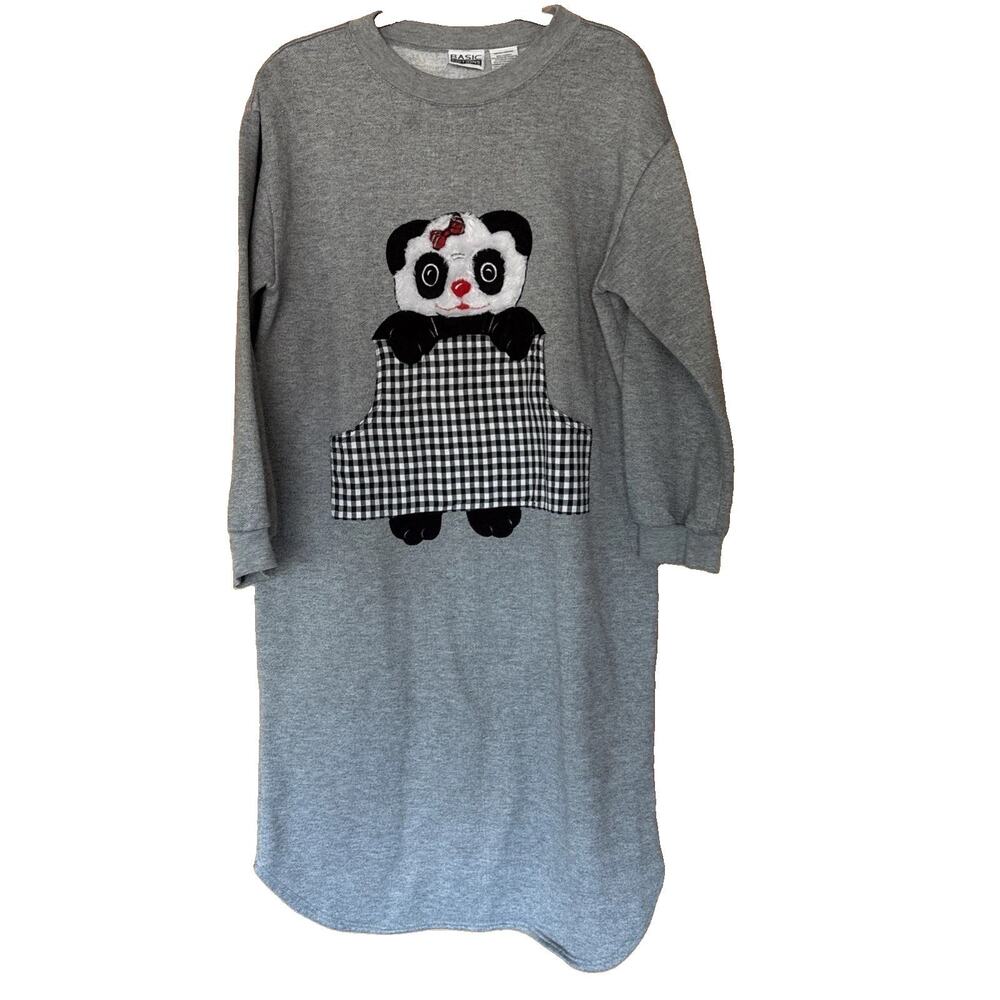 Basic Editions Cotton Fleece Lounging / Sleep Dress Sz M Gingham Panda Novelty